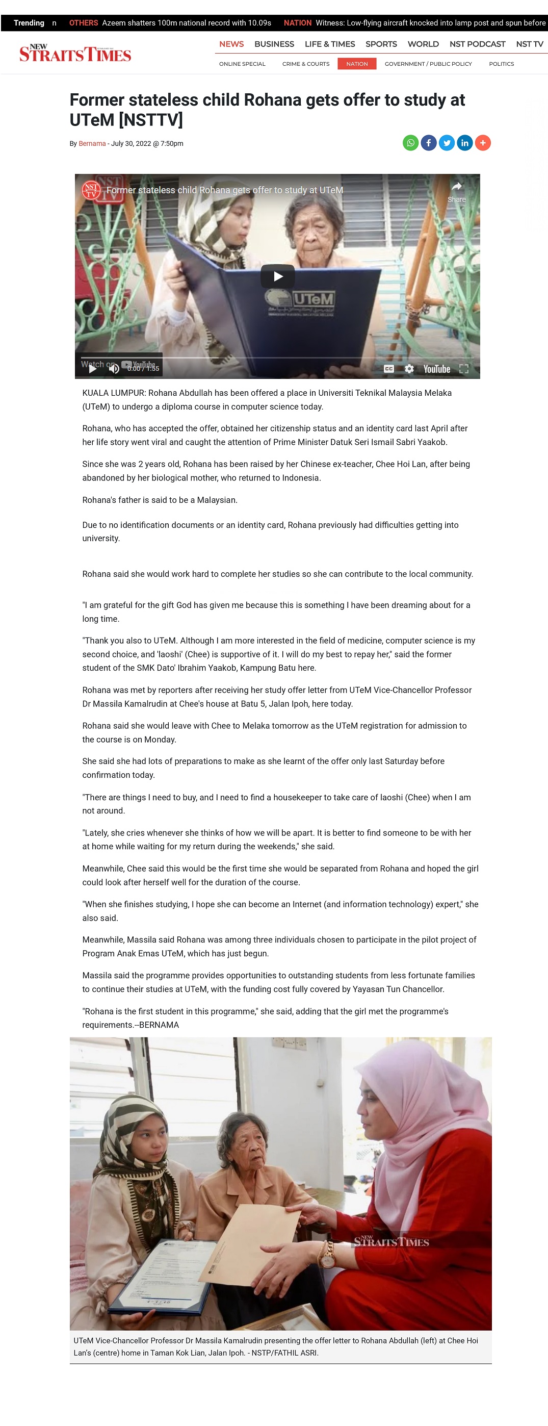 Former stateless child Rohana gets offer to study at UTeM